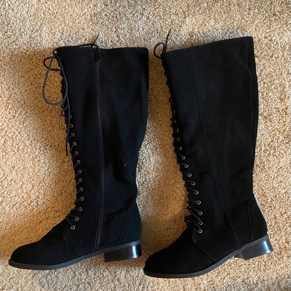 Torrid lace up knee high suede boots